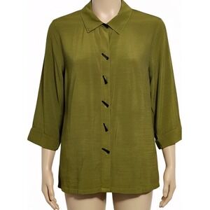 Ali Miles Olive Green Textured Button Front 3/4 Sleeve Shirt Top Women L